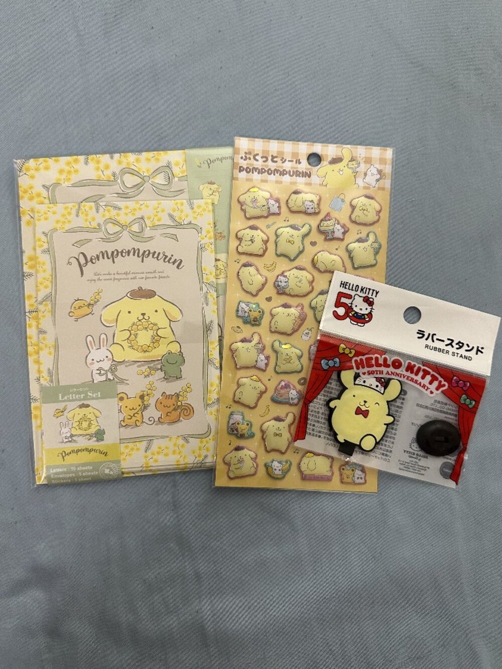 Sanrio Pompompurin Letter Set Sticker Sheet and 50th Anniversary Rubber Stand